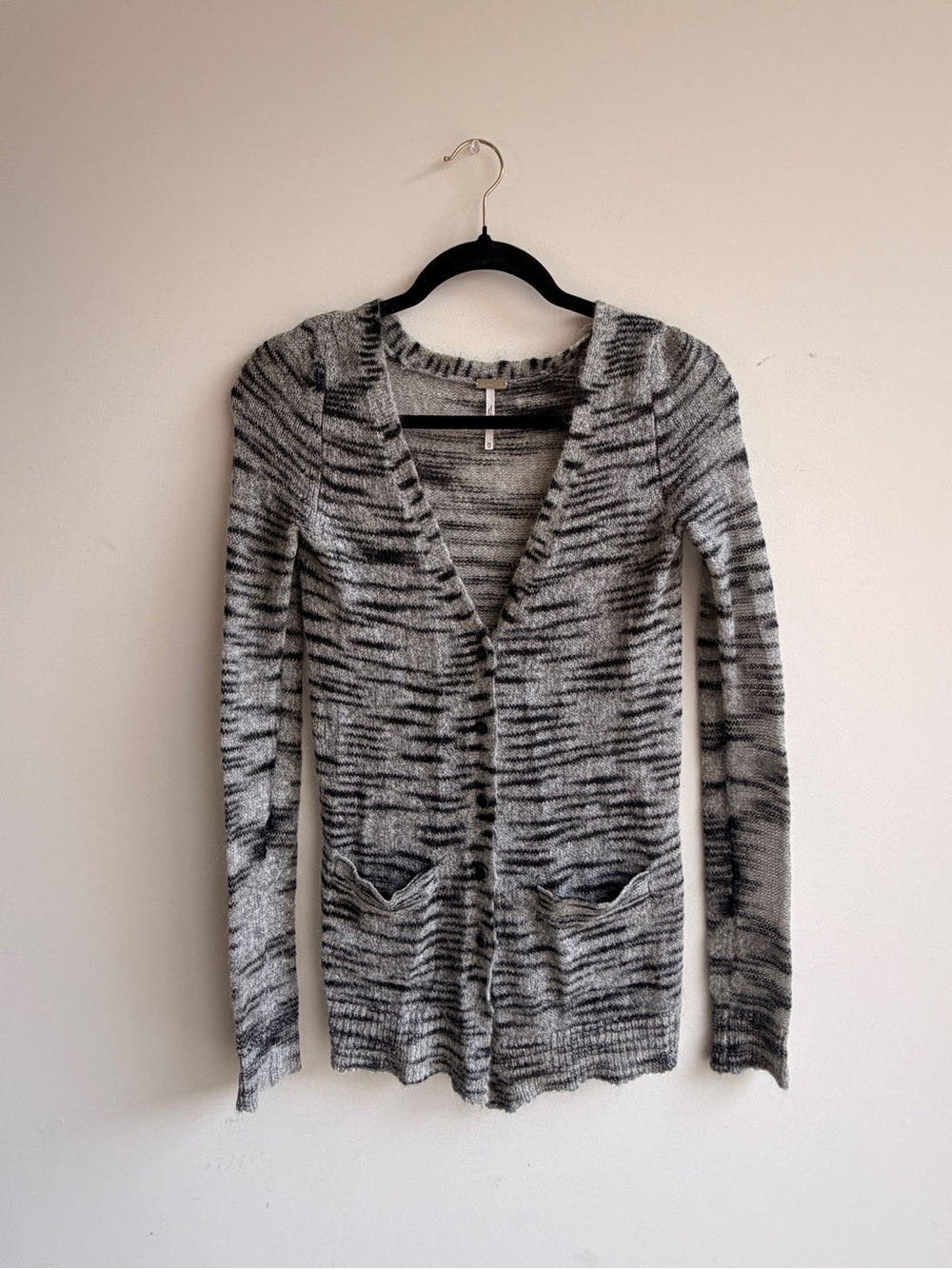 Free People Beach Striped Gray Marled V-Neck Cardigan Sweater